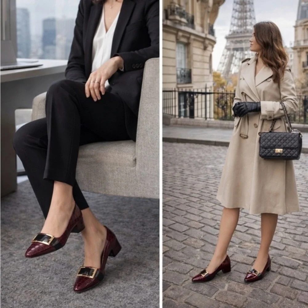 Chic Burgundy Croc-Embossed Flats with Gold Buckle
